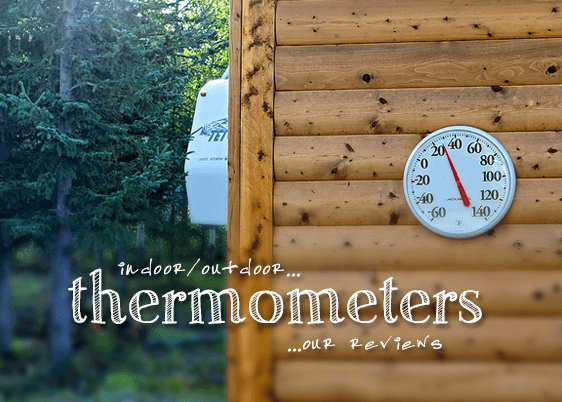 Outdoor thermometer on shed wall.