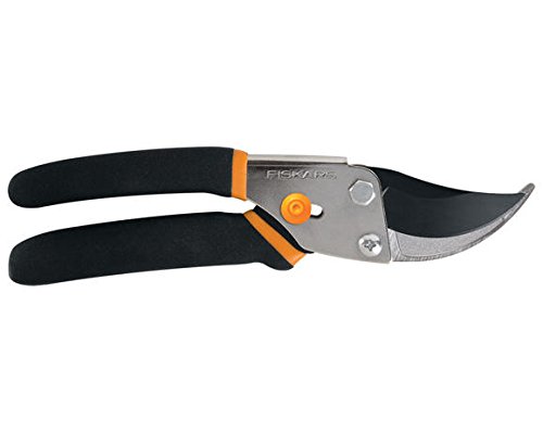 Bypass secateurs with orange and black handle.
